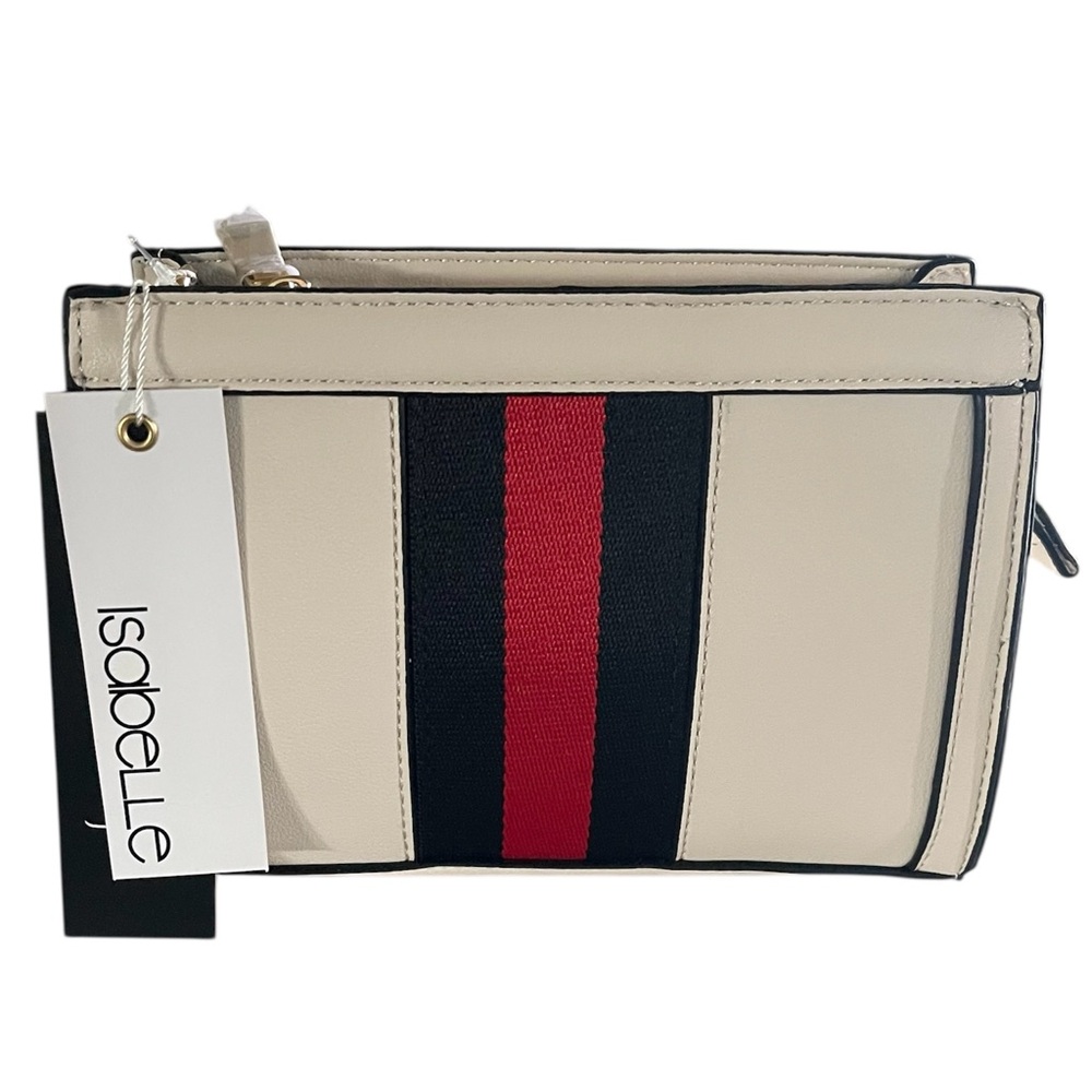 New Cream Crossbody Bag with Black Trim with Black & Red Stripe, Vegan Leather - Picture 2 of 6